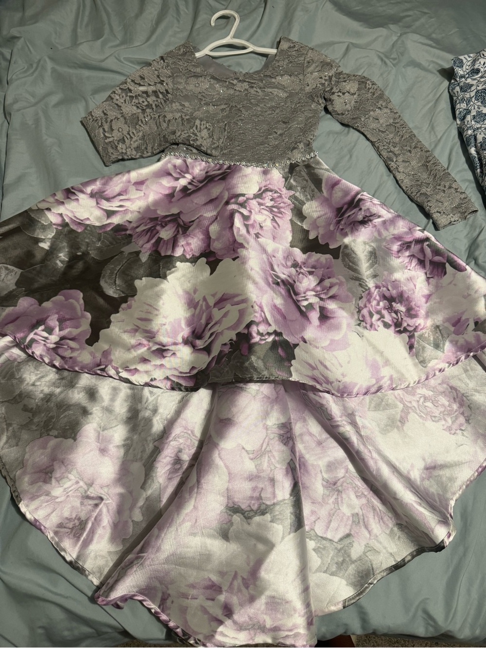 Xtraordinary Gray and Lavender Floral High-Low Formal Dress for Girls